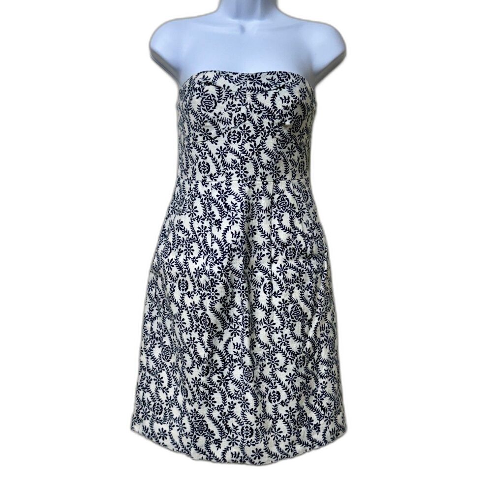 J. CREW Cream and Blue Strapless Dress with Built-In Bra, Sz 4